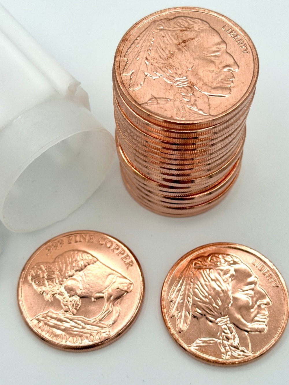 Tube of 20 One AVDP Ounce .999 Fine Copper Shiny Indian Head&Buffalo Rounds
